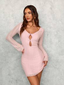 SHEIN SXY Fall Women Clothes;Elegant Sweet Pink Hollow-Out Lace Long Sleeve A-Line Mini Dress, Autumn/Winter Date Night/Party Mini Dress Sexy Elegant Mini Dress/Valentine's Day Dress/Homecoming Prom Dress - Pink - View 5