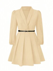 SHEIN Clasi Plus Size Women Elegant Solid Color Shawl Neck Puff Sleeve Pleated Hem Midi Dress With Belt