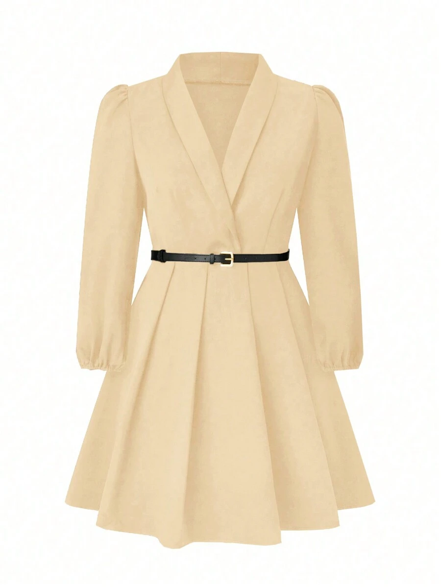 SHEIN Clasi Plus Size Women Elegant Solid Color Shawl Neck Puff Sleeve Pleated Hem Midi Dress With Belt