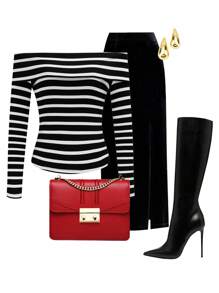 INAWLY Áo thun sọc dài tay hở vai thường ngày cho nữ, mùa xuân và mùa thu - Đen và trắng - Xem 1