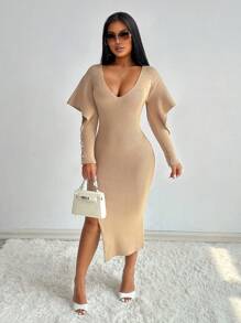 SHEIN X Lucía Bellido Zolique V-Neck Ruffle Sleeve Hollow Out Fitted Sweater Dress Fall Cloth For Women - Khaki - View 4