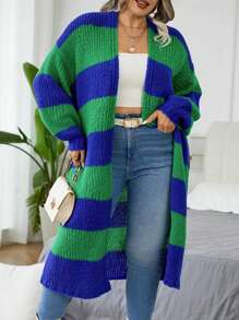 SHEIN CURVE+ 极简时尚大码蓝绿条纹开衫毛衣，简约休闲舒适，采用优质面料制成，亲肤，穿着无忧，适合毕业典礼，节日，母亲节，万圣节，新年，情人节，感恩节，圣诞节，复活节，国庆节，舞会，除夕，冬季 - 藍色 - 查看 3