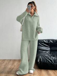 Flirla 2pcs Loose Casual Solid Color Collared Long Sleeve Top And Pants Knit Sweater Set - Green - View 4