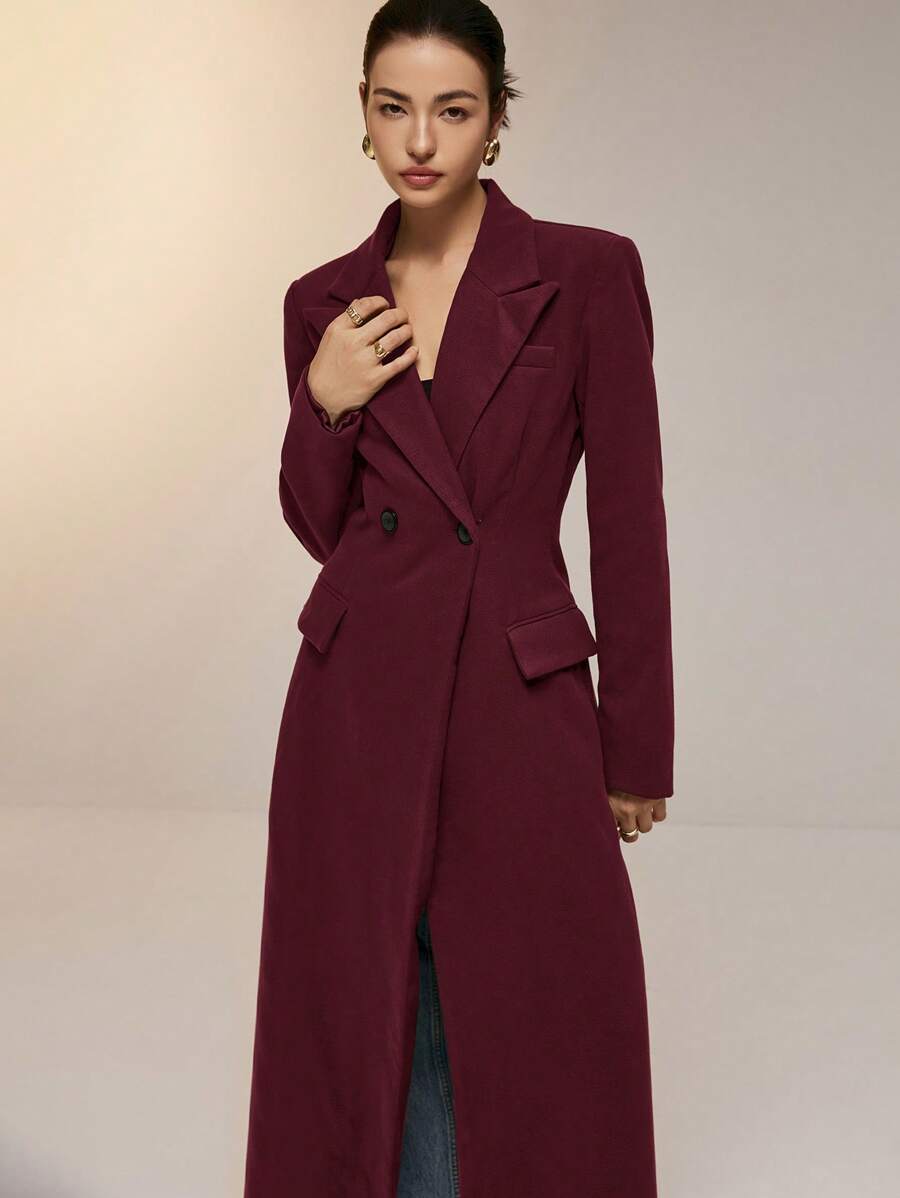 Poéselle Women's Elegant Business Peak Lapel Cinched Waist Double-Breasted Jacket, Autumn - Burgundy - View 1