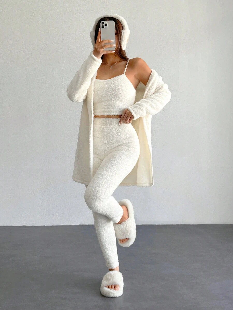 SHEIN PETITE Conjunto de chaleco de punto con mangas largas de hombros caídos y pantalones para mujer
