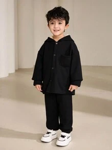 SHEIN 2 件装年轻男孩纯色前扣长袖连帽衫和裤子休闲套装 - 黑色 - 查看 10
