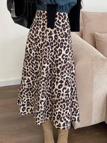 DAZY Falda midi de línea A con estampado de leopardo para mujeres