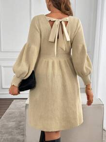 SHEIN LUNE Váy len dệt kim cổ tròn thắt nơ lưng cỡ lớn màu mơ, dáng chữ A dài tay, thường ngày và đa năng cho mùa thu/đông - Màu be - Xem 7