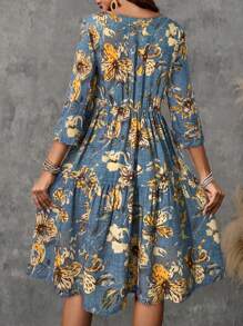 EMERY ROSE 女式花卉印花圆领 3/4 袖荷叶边下摆中长休闲连衣裙，适合秋季 - 藍色 - 查看 2