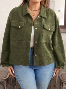 SHEIN LUNE Plus Size Casual Ribbed Texture Loose Fit Jacket, Autumn - Army Green - View 4