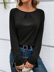 SHEIN Frenchy Camiseta minimalista de mujer de manga larga, cuello redondo, unicolor y diseño hueco, casual para uso diario