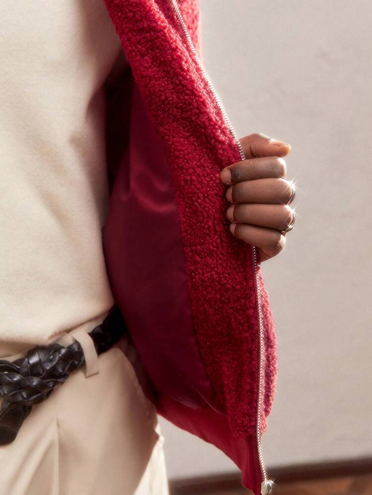Christmas Men's Knitted Stand Collar Open Front Drop Shoulder Long Sleeve Short Loose Fleece Jacket, Suitable For Autumn/Winter, Casual And Party Occasions, Red With Shearling Fabric, Letter Logo And Metal Zipper