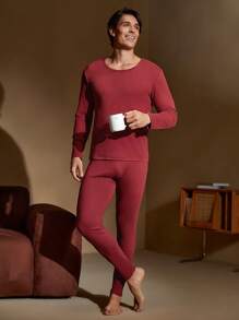 Solid Color Men 2pcs Warm Outfit - Round Neck Long Sleeve Top And Long Pants Set