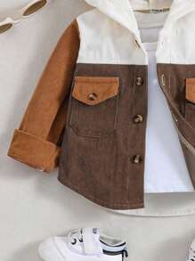 SHEIN Áo trùm đầu vá ba màu mùa thu cho bé trai, phong cách thể thao đường phố giản dị, thích hợp cho các buổi đi chơi, nghỉ dưỡng, tiệc tùng và ngày lễ - Cà phê nâu - Xem 5