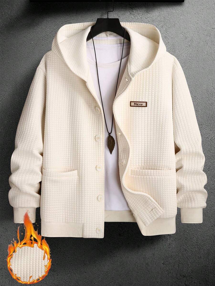 Manfinity Homme Men's Solid Color Front Button Long Sleeve Pocket Casual Hoodie Sweatshirt - Apricot - View 1