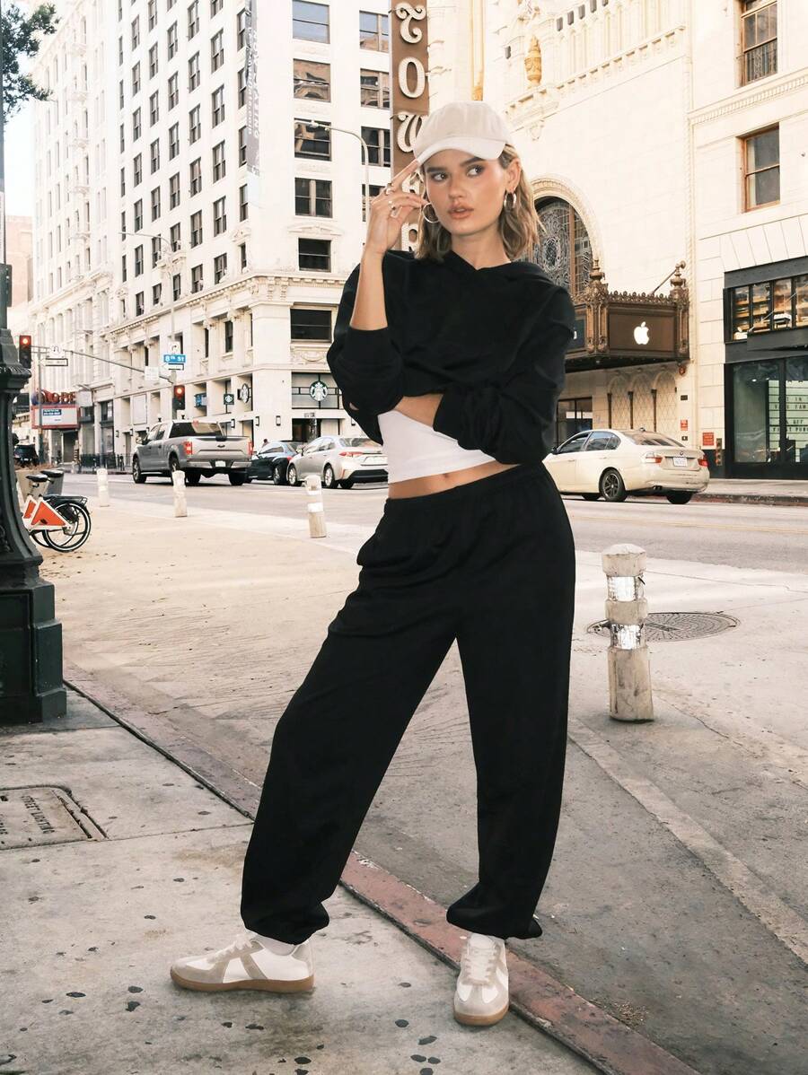 SHEIN EZwear 女士休闲羊毛连帽衫和运动裤套装,宽松版型,黑色,适合秋冬季 - 黑色 - 查看 1
