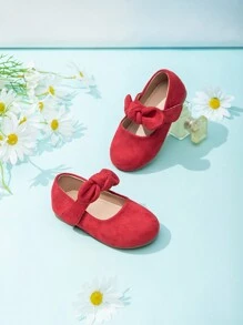 1pair Cute Velvet Bow Decor Flats For Little Girls, Suitable For All Seasons