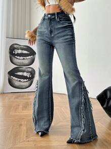 SHEIN EZwear Quần Jeans Rách Rụa Loe Co Giãn Hippie Mùa Đông Cho Nữ - Rửa trung bình - Xem 1