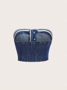 SHEIN MOD 女士休闲水洗磨边下摆前扣挂脖牛仔衬衫 - 藍色 - 查看 2