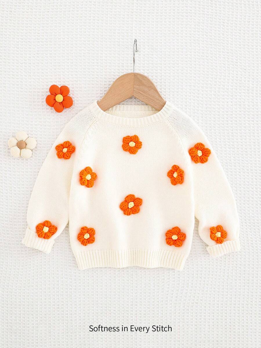 Cozy Pixies Baby Girl Floral 3D Applique Crew Neck Raglan Sleeve Casual Sweater - Multicolor - View 1