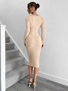 Calvaya V-Neck Mid-Length Fitted Elegant & Versatile Knit Dress, Flattering & Graceful Design, Autumn/Winter