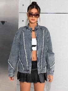 SHEIN Vintage Blue Denim Stand Collar Long Sleeve Jacket For Teen Girls - Medium Wash - View 6