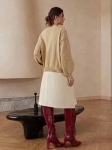 Femmeiva 1pc Women Metal Button Decor Knitted Pullover Sweater, Autumn, Fall Winter - Khaki - View 3