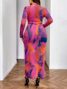 Celure Plus Size Tie Dye Print Ruffle Collar Long Sleeve Dress Maxi Women Outfit