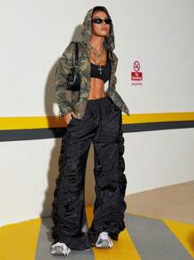 SHEIN ICON Áo khoác denim hoodie rộng rãi có khóa kéo in họa tiết rằn ri giản dị cho nữ - Nhiều màu - Xem 4