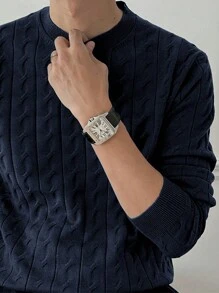 Manfinity Homme 男士纯色圆领休闲百搭长袖套头毛衣，适合秋冬 - 寶藍色 - 查看 3