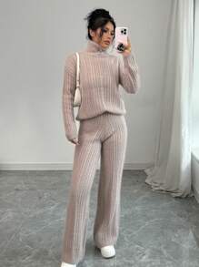 SHEIN Unity 2 件套女士休闲日常纯色立领毛衣和裤子套装，秋冬 - 駝色 - 查看 1