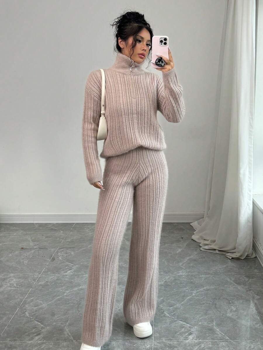 SHEIN Unity 2 件套女士休闲日常纯色立领毛衣和裤子套装，秋冬 - 駝色 - 查看 1