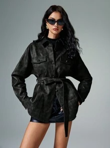Poéselle 女士皮夹克 PU 夹克 纽扣前口袋 纯色 系带 长袖 常规外套 秋季女装 工装裤 冬季女装 复古外套 商务休闲女士秋装 冬季夹克 女士外套 女士冬装 - 黑色 - 查看 5