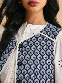 Poéselle Chaleco azul marino, chaleco bohemio, chaleco vintage, abrigo sin mangas acolchado con estampado completo informal para mujer, vestido, abrigo, prenda esencial de estilo elegante effortless para otoño e invierno