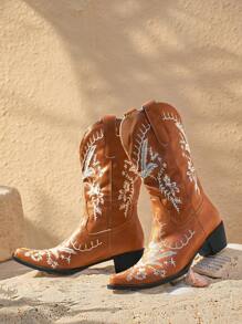 Styleloop 女士时尚刺绣百搭西部靴，波西米亚风格，美式复古波西米亚西部音乐节、派对、圣诞节、万圣节服装 - 棕色 - 查看 1
