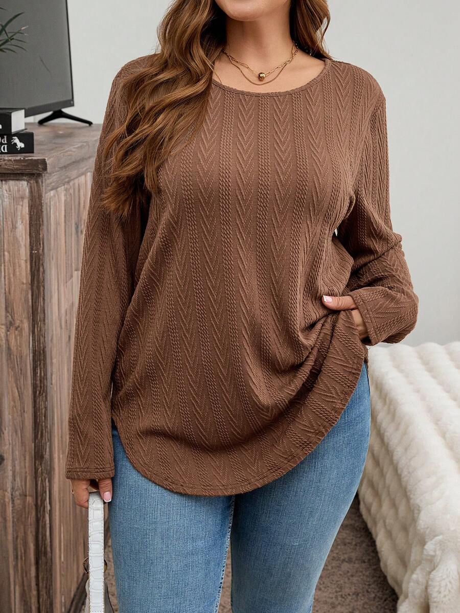 SHEIN LUNE Plus Size Casual Long Sleeve Textured Fabric T-Shirt With Curved Hem, Suitable For Autumn/Winter Holiday Outfit
