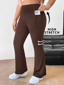 SHEIN EZwear 大码女式秋冬返校休闲家居服瑜伽舒适户外纯黑色针织松紧腰高腰口袋喇叭裤，带口袋的紧身裤 - 棕色 - 查看 2