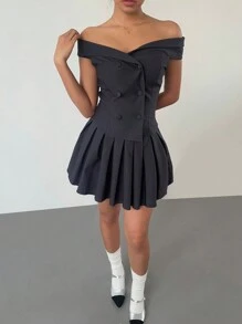 Aloruh 2 件套女士纯色双排扣露肩上衣和褶皱迷你裙休闲套装