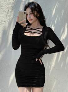 女士派对宴会鸡尾酒会礼服，二合一系带小黑裙，长袖，迷你裙，秋季服装 - 黑色 - 查看 6