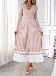 SHEIN Clasi Váy len xếp ly chữ A cổ chéo thanh lịch cho nữ, trang phục mùa thu/đông - Màu Hồng baby - Xem 5