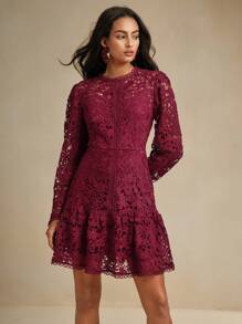 Anewsta Váy dài tay ren hoa thanh lịch màu trắng tinh khiết cho trang phục dự tiệc năm mới - Đỏ - Xem 5