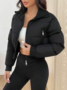 SHEIN EZwear Áo khoác đệm lót phía trước có khóa kéo màu trơn dành cho nữ vào mùa thu/đông - màu đen - Xem 3