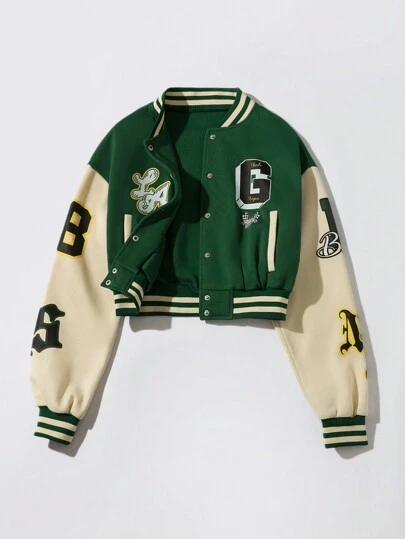 Coolane Women's Fall/Winter Going Out Casual Hip-Hop Letter Print Contrast Color Long Sleeve Green Single Breasted Baseball Couple Same Style Jacket With Fleece