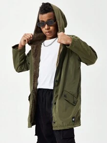 SHEIN Tween Boy Casual Plush Hooded Jacket - Army Green - View 4