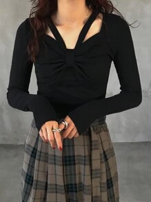 FRIFUL 女士休闲长袖纯色蝴蝶结 T 恤，适合秋季 - 黑色 - 查看 1