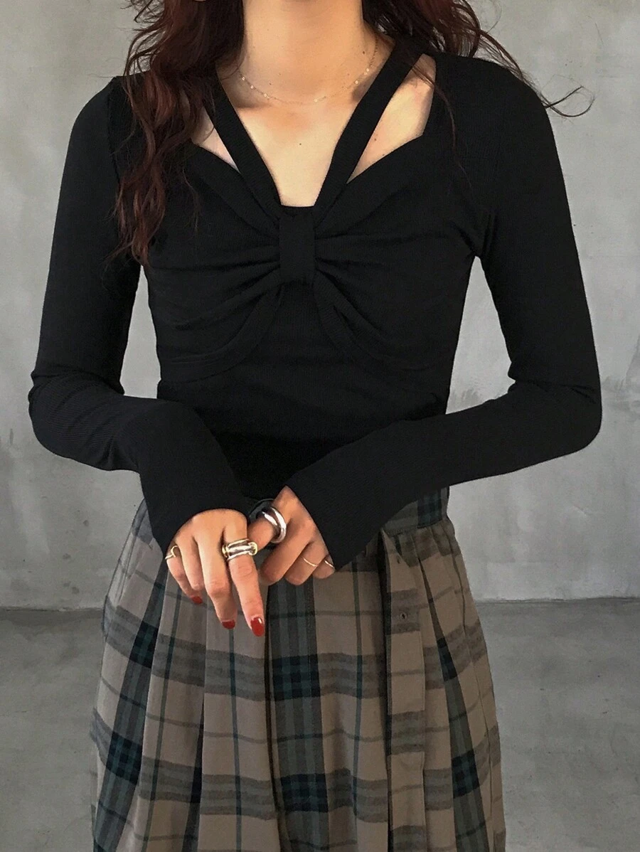 FRIFUL 女士休闲长袖纯色蝴蝶结 T 恤,适合秋季 - 黑色 - 查看 1