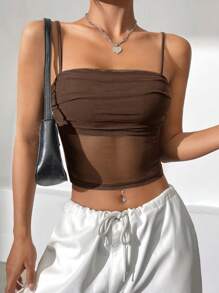 SHEIN EZwear Summer Black TopContrast Mesh Crop Cami Top - Brown - View 3