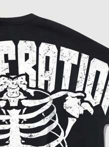 ROMWE MEN Street Life 男士休闲宽松骷髅与字母印花短袖T恤，夏季，万圣节 - 黑色 - 查看 4