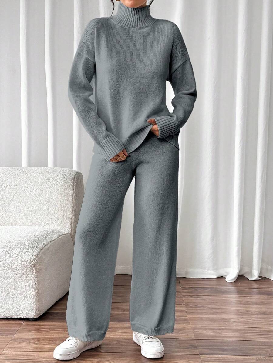 Chiquease 2 件套女士纯色高领落肩长袖休闲毛衣和针织裤套装，秋冬 - 灰色 - 查看 1