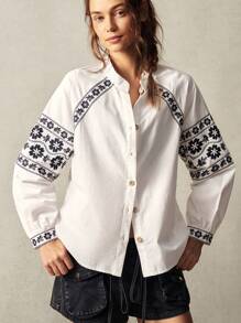 Bohemela 度假休闲纯色宽松编织印花插肩袖女式衬衫 - 白色 - 查看 6